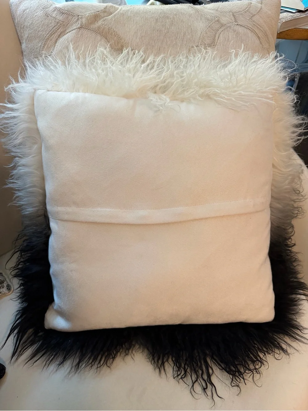 Black and Cream Mongolian Fur Throw Pillow - 15x15